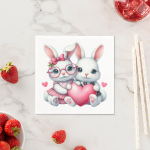 Servilleta De Papel Conejitos lindos compartiendo un corazón el día de