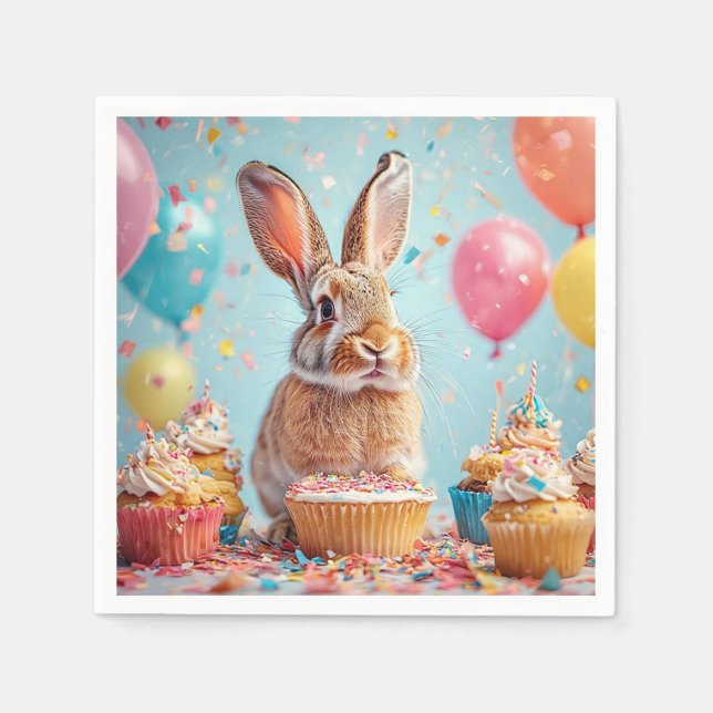 Servilleta De Papel Conejo Alegre Celebrando con Cupcakes (Anverso)