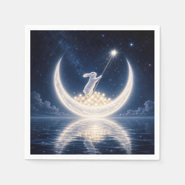 Servilleta De Papel Conejo Blanco Recogiendo Estrellas (Anverso)