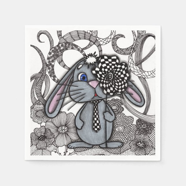 Servilleta De Papel Conejo Bunny Corbata Zentangle Papel Floral  (Anverso)