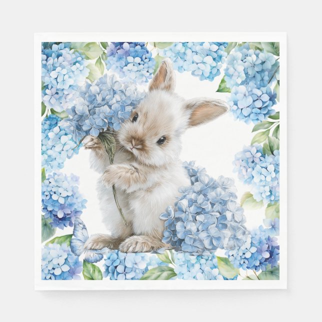 Servilleta De Papel Conejo con flores de Hortensia (Anverso)