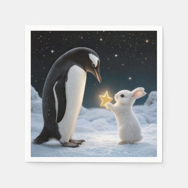 Servilleta De Papel Conejo de Navidad y pingüino con estrella de neón (Anverso)
