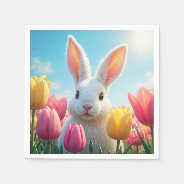 Servilleta De Papel Conejo de Pascua Blanco Entre Tulipanes (Anverso)