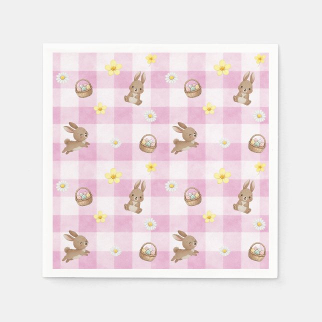 Servilleta De Papel Conejo de Pascua de Cuadros Rosas (Anverso)
