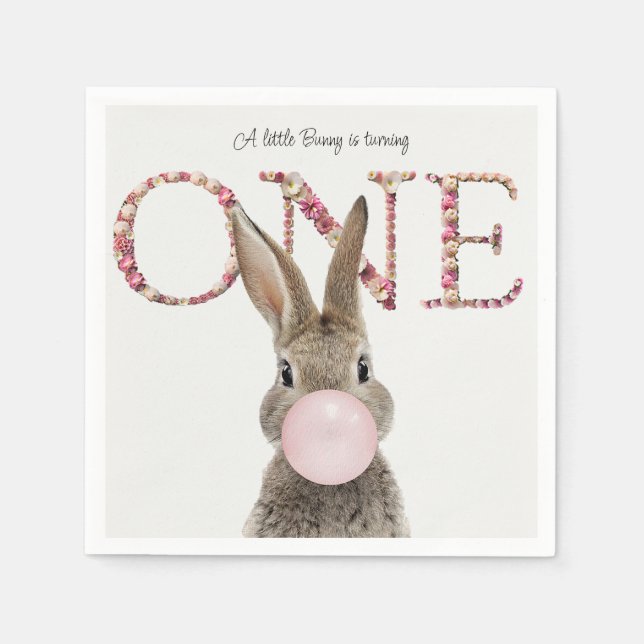 Servilleta De Papel Conejo de primer cumpleaños soplando chicle rosa (Anverso)