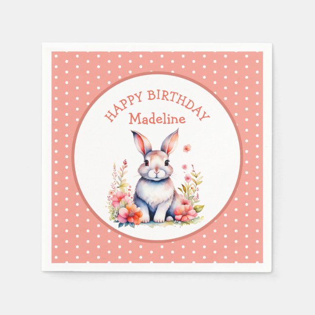 Servilleta De Papel Conejo en Flores Cumpleaños Personalizado Feliz (Anverso)