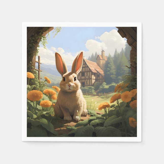 Servilleta De Papel Conejo Entre Las Marigoldes (Anverso)