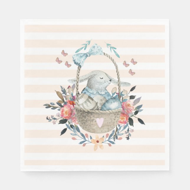 Servilleta De Papel Conejo lindo en una canasta con huevos y flores de (Anverso)