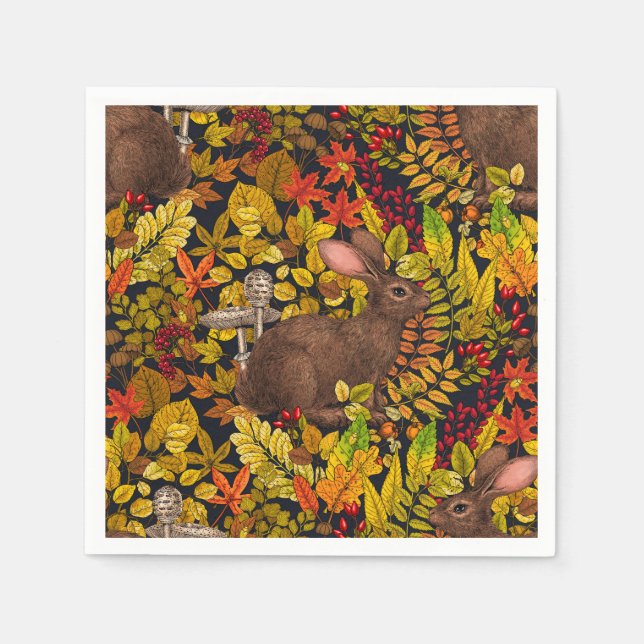 Servilleta De Papel Conejo otoñal sobre negro (Anverso)