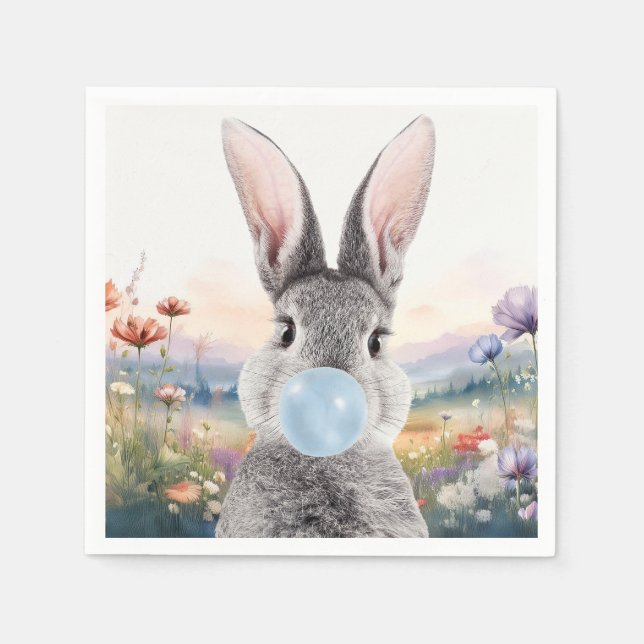 Servilleta De Papel Conejo soplando chicle azul con flores silvestres (Anverso)