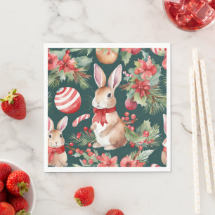 Servilleta De Papel Conejos de Navidad en acuarela con flores verdes