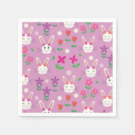 Servilleta De Papel conejos de Pascua con flores rosadas naranjas y mo
