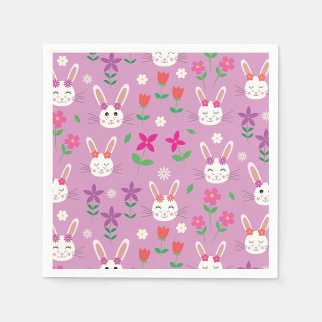 Servilleta De Papel conejos de Pascua con flores rosadas naranjas y mo (Anverso)