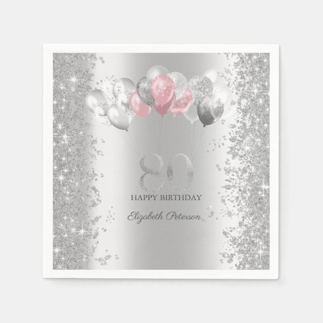 Servilleta De Papel Confeti Brillo Plateado Globos Rosados 80 Cumpleañ (Anverso)