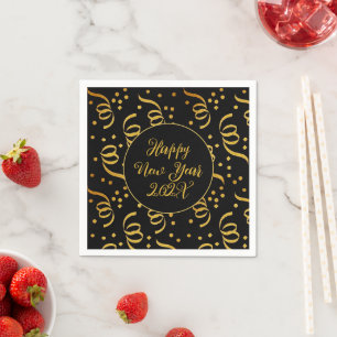 Servilleta De Papel Confeti Dorado Feliz Año Nuevo Negro