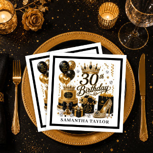 Servilleta De Papel Confeti Dorado Y Brillo Negro Lujo 30 Cumpleaños