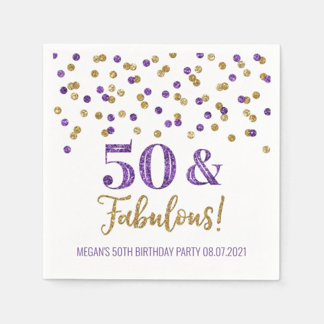 Servilleta De Papel Confetti de oro morado 50 y fabuloso cumpleaños (Anverso)