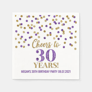 Servilleta De Papel Confetti de oro morado viaja a 30 años cumpleaño