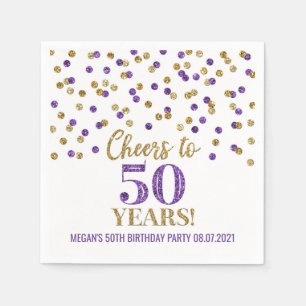 Servilleta De Papel Confetti morado dorado viaja a 50 años cumpleaño