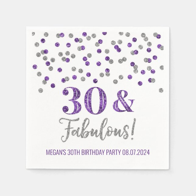 Servilleta De Papel Confetti morado plateado 30 y fabuloso (Anverso)
