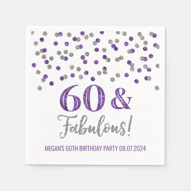 Servilleta De Papel Confetti morado plateado 60 y fabuloso (Anverso)