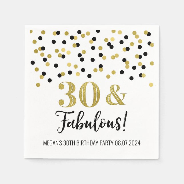Servilleta De Papel Confetti negro de oro 30 y fabulosas toallas de cu (Anverso)