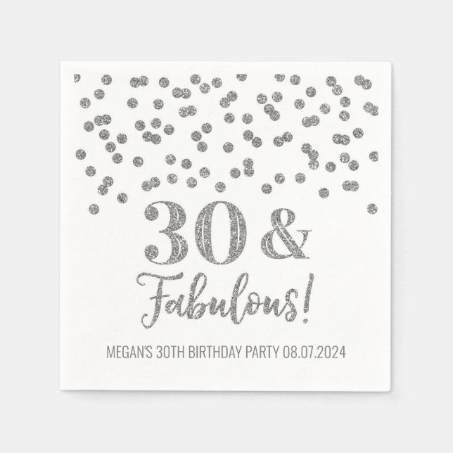 Servilleta De Papel Confetti plateado 30 y fabuloso (Anverso)