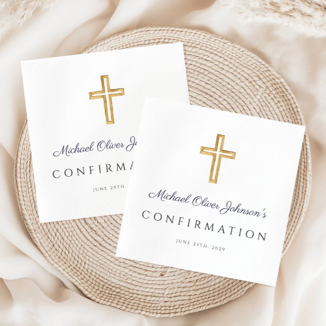 Servilleta De Papel Confirmación de travesía religiosa con guión azul  (Navy Blue Script Religious Cross Boy Confirmation Napkins)