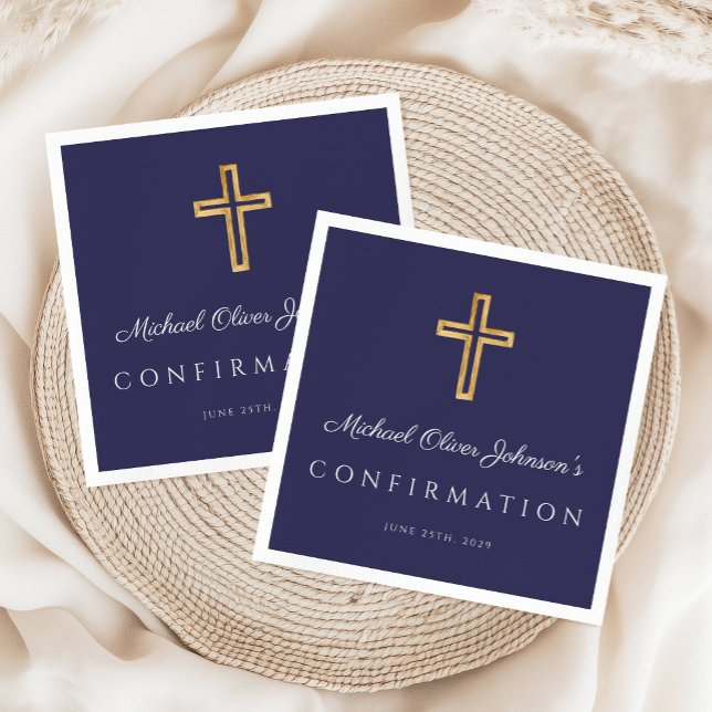 Servilleta De Papel Confirmación del elegante travesía religiosa azul  (Elegant Navy Blue Religious Cross Boy Confirmation Napkins)