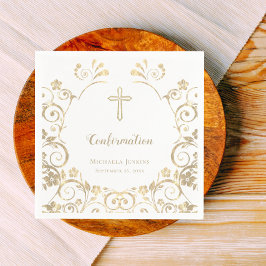 Servilleta De Papel Confirmación elegante de la Cruz Blanca de Oro