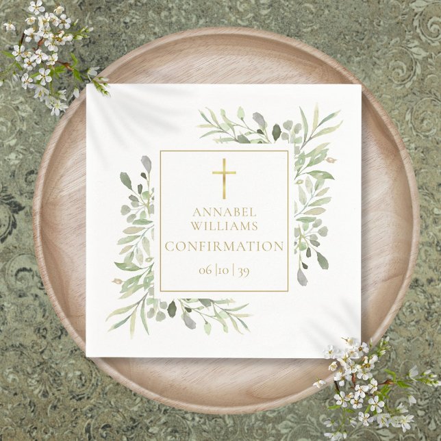 Servilleta De Papel Confirmación floral verde acuarela dorada (Watercolor Greenery Floral Gold Confirmation Napkins)