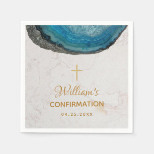 Servilleta De Papel Confirmación Niño Azul Geoda Cruz Dorada Mármol