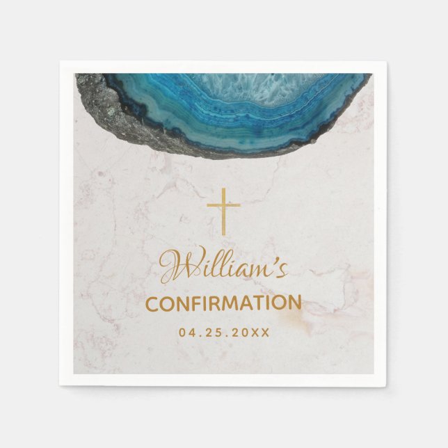 Servilleta De Papel Confirmación Niño Azul Geoda Cruz Dorada Mármol (Anverso)
