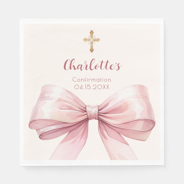 Servilleta De Papel Confirmation blush pink bow cream cross luncheon (Anverso)