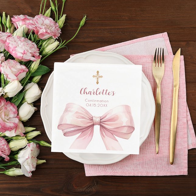 Servilleta De Papel Confirmation blush pink bow cross luncheon (Subido por el creador)