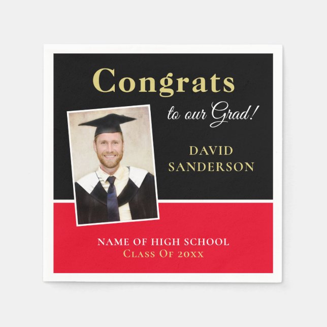 Servilleta De Papel Congrats Grad Name Photo Black Red Gold (Anverso)
