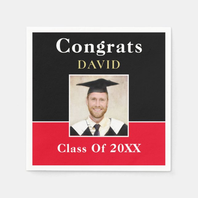 Servilleta De Papel Congrats Grad Name Photo Black Red Gold Informal (Anverso)