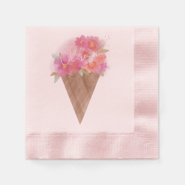 Servilleta De Papel Cono de crema de hielo floral acuático con nombre (Anverso)