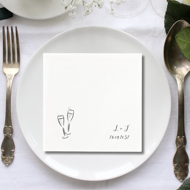 Servilleta De Papel Copas de Vino Caprichosas Iniciales Personalizadas (Whimsical wine glasses initials wedding napkins add playful personalized charm to receptions)