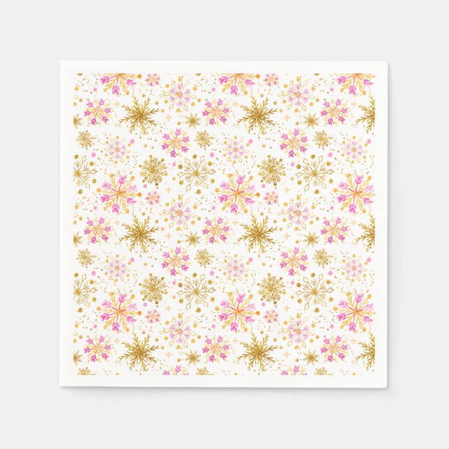 Servilleta De Papel Copo de Nieve de Invierno Rosa y Dorado (Anverso)