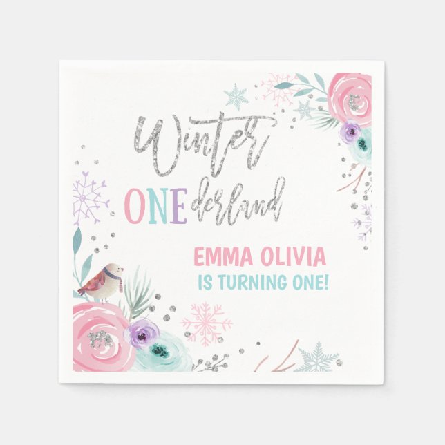 Servilleta De Papel copo de nieve floral rosa de invierno de ONEderlan (Anverso)
