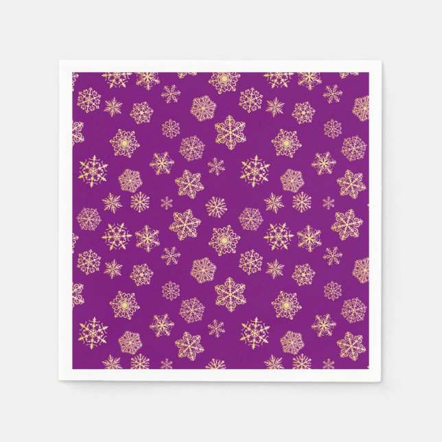 Servilleta De Papel Copos dorados de nieve sobre fondo morado (Anverso)