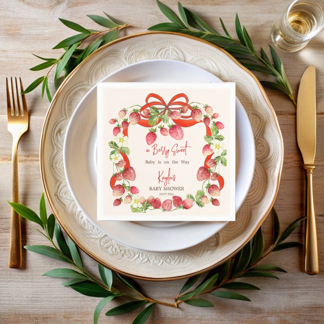 Servilleta De Papel Coqueta de arándano de fresa de coco de bebé ducha (Strawberry red ribbon bow coquette berry sweet baby shower personalized printed napkins)