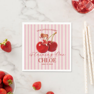 Servilleta De Papel Coqueta de Cereza Dulce Cumpleaños Raya Rosa Niña