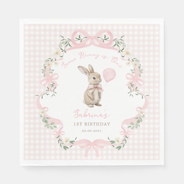 Servilleta De Papel Coquette Bow Bunny Pink Gingham 1st Birthday (Anverso)