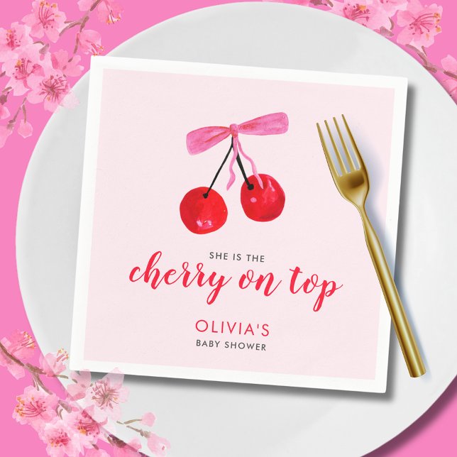 Servilleta De Papel Coquette Cherry on Top Chicas Baby Shower (Cherry on Top Baby Shower paper napkin with coquette cherries and pink ribbon bow)