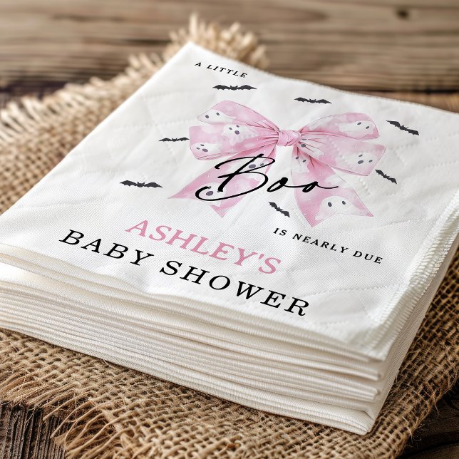 Servilleta De Papel Coquette Pink Bow Boo Baby Shower (Little Boo is Almost Due Baby Shower Paper Napkin, Croquette Pink Bow Halloween Little Boo Napkin)