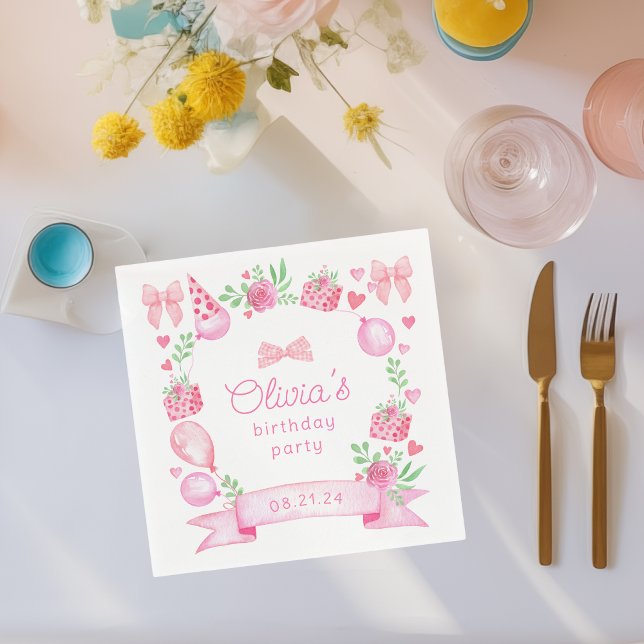 Servilleta De Papel Coquette Pink Bow Preppy Chica Cumpleaños (cute napkin for preppy pink coquette baby girl birthday parties)