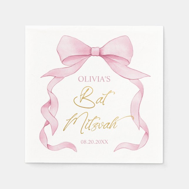 Servilleta De Papel Coquette Pink Ribbon Bows Bat Mitzvah (Anverso)