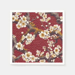 Servilleta De Papel Coral Crema Flor de Ciruelo Japonés Patrón Burgund